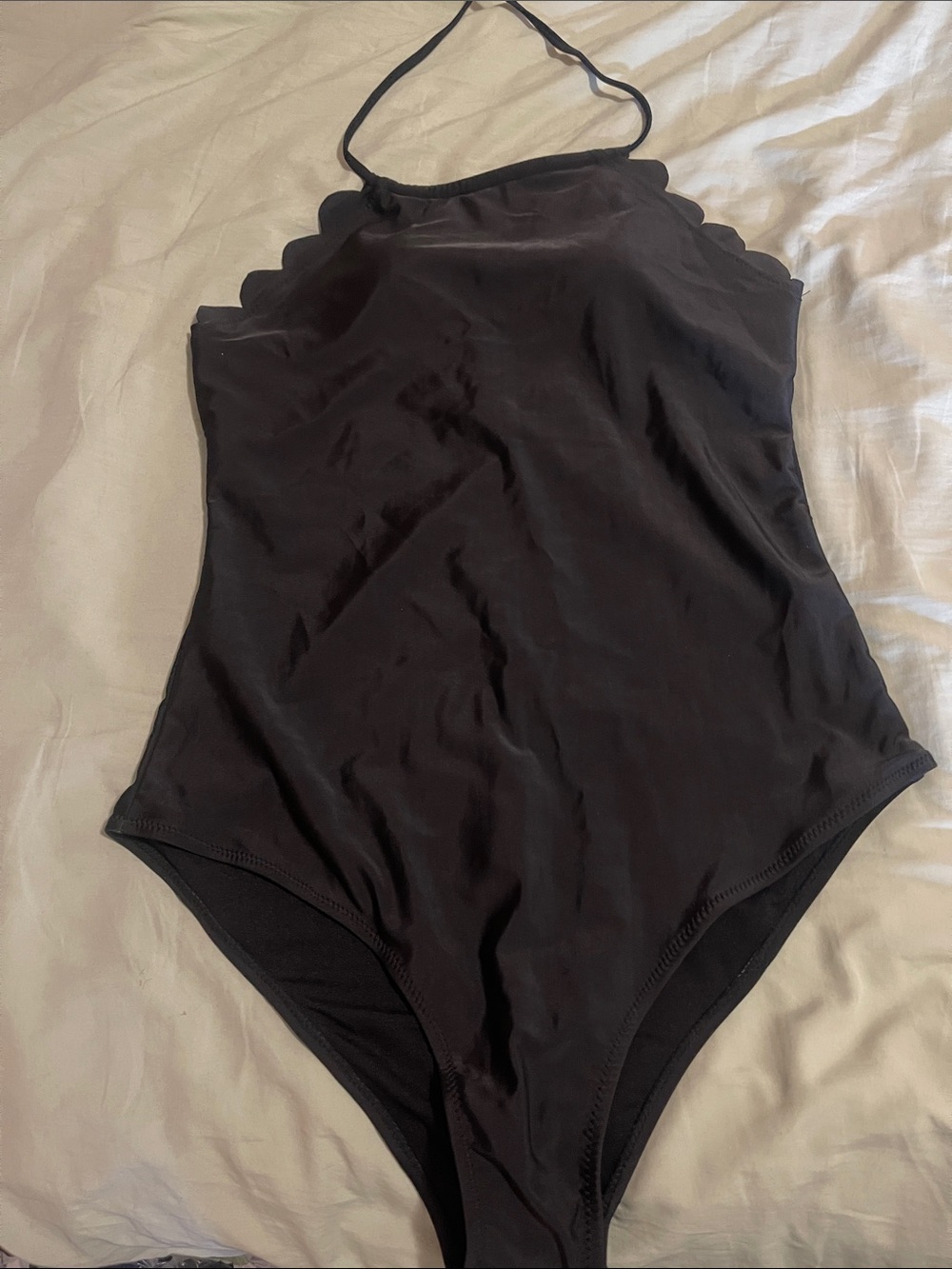 Black Scalloped Halter One-Piece Swimsuit